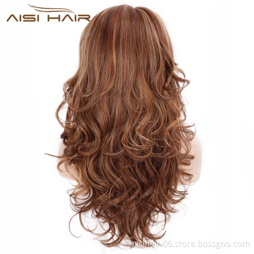 Aisi Hair Dark Brown Mixed White Color Synthetic Long Curly Wave Wigs Heat Resistant Fiber Fashion Cosplay Wigs for Women